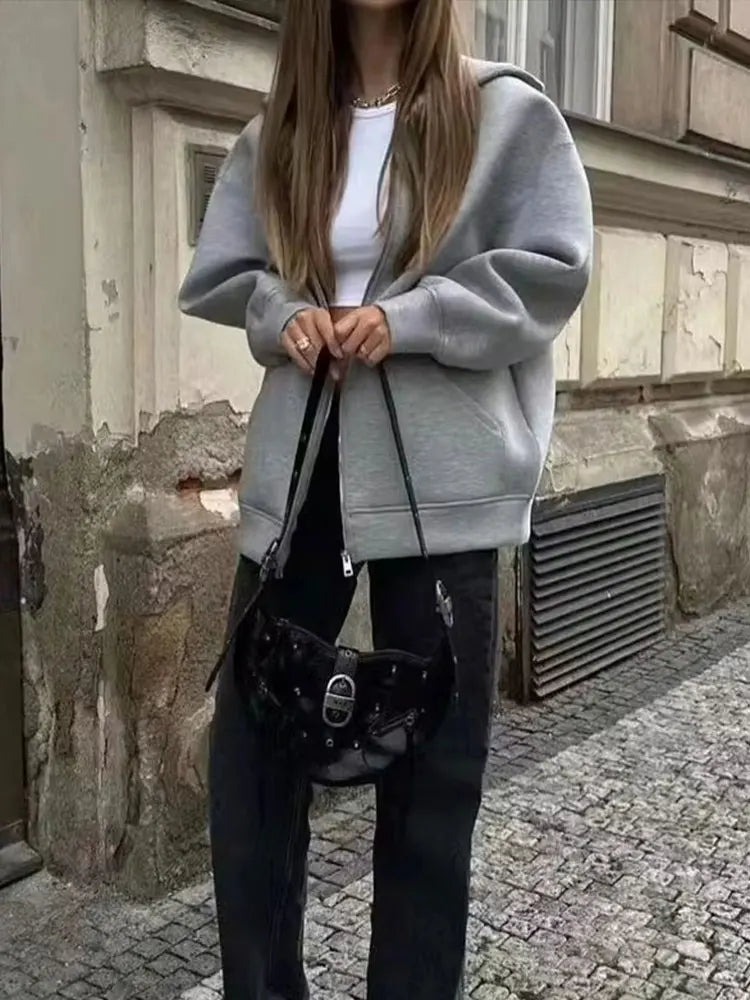 HH Autumn Women Gray Jacket With Hood Long Sleeve Big Pocket Zipper Jacket Coat Woman Loose Casual Outerwear Coat Tops
