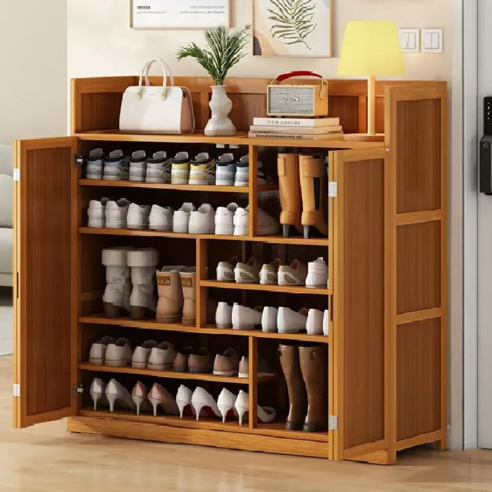 Bamboo Shoe Cabinet, 8-Tier Shoe Cabinet with Doors, 36-40 Pairs Freestanding Shoes of Heels Sneakers,Shoes Organizer Rack for E