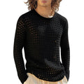 Men's Simple Sexy Mesh Tops Spring/Summer American Casual Fashion Round Neck Hollow Out Knitted Long Sleeve T-shirt