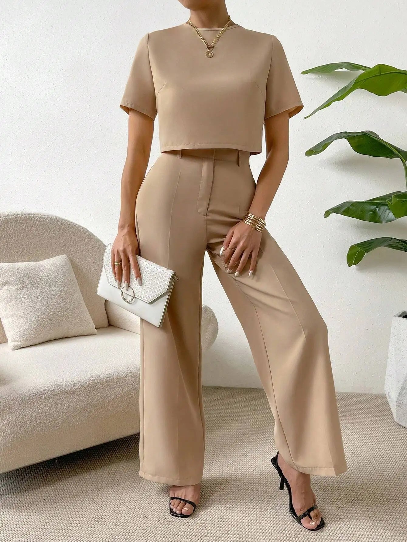 Beige 2-Piece Set: Cropped Short Sleeve Top & Wide Leg Pants