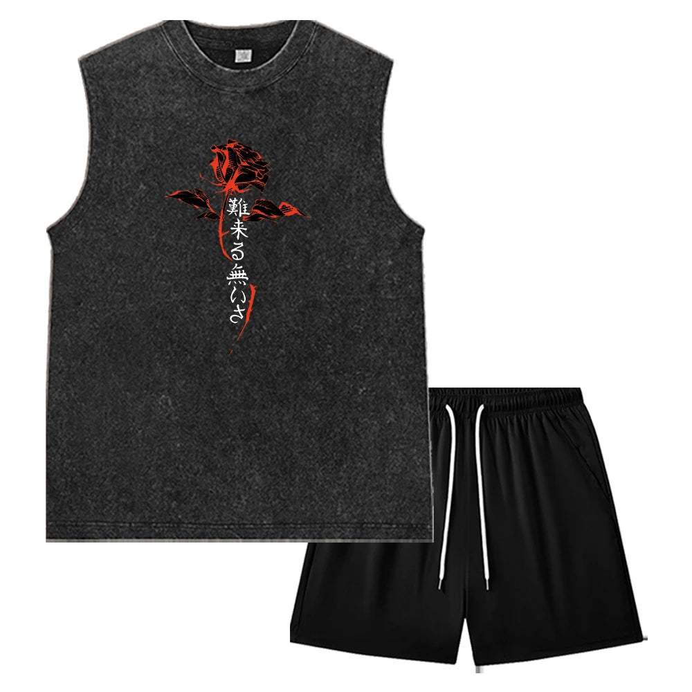 Summer Men's Washed Tank Top & Athletic Shorts Set Retro Distressed Sleeveless T-Shirt Harajuku Style Rose Text Graphic Print