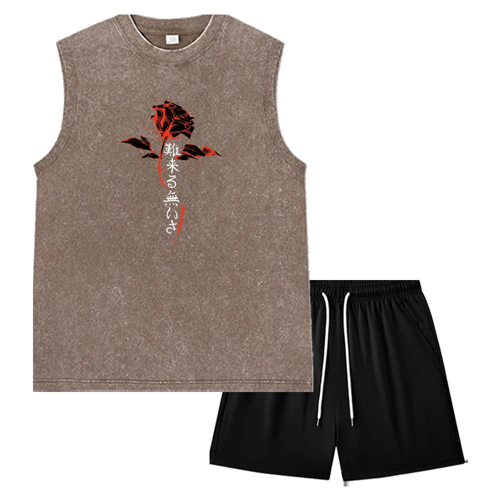 Summer Men's Washed Tank Top & Athletic Shorts Set Retro Distressed Sleeveless T-Shirt Harajuku Style Rose Text Graphic Print