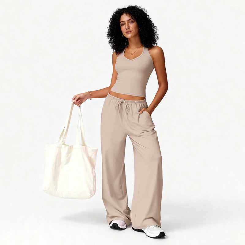 2PCS Elegant Solid Color Fitness Sports Clothes Women Quick-Drying Workout Suit Woman Loose Fit Gym Push Up Pilates Yoga Set