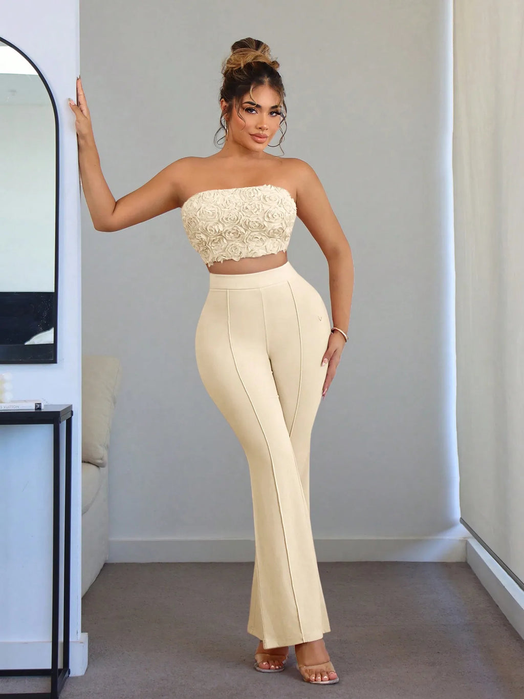 2-Piece Soft Pink Floral Ruched Tube Top & Flared Pants Set for Women