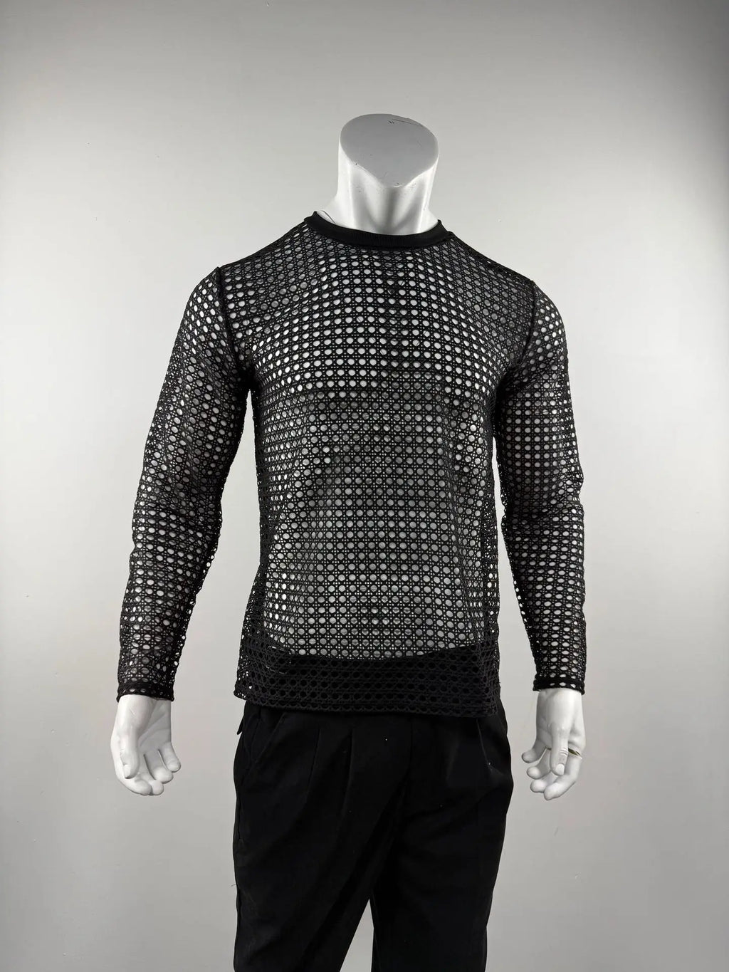 Men's Simple Sexy Mesh Tops Spring/Summer American Casual Fashion Round Neck Hollow Out Knitted Long Sleeve T-shirt