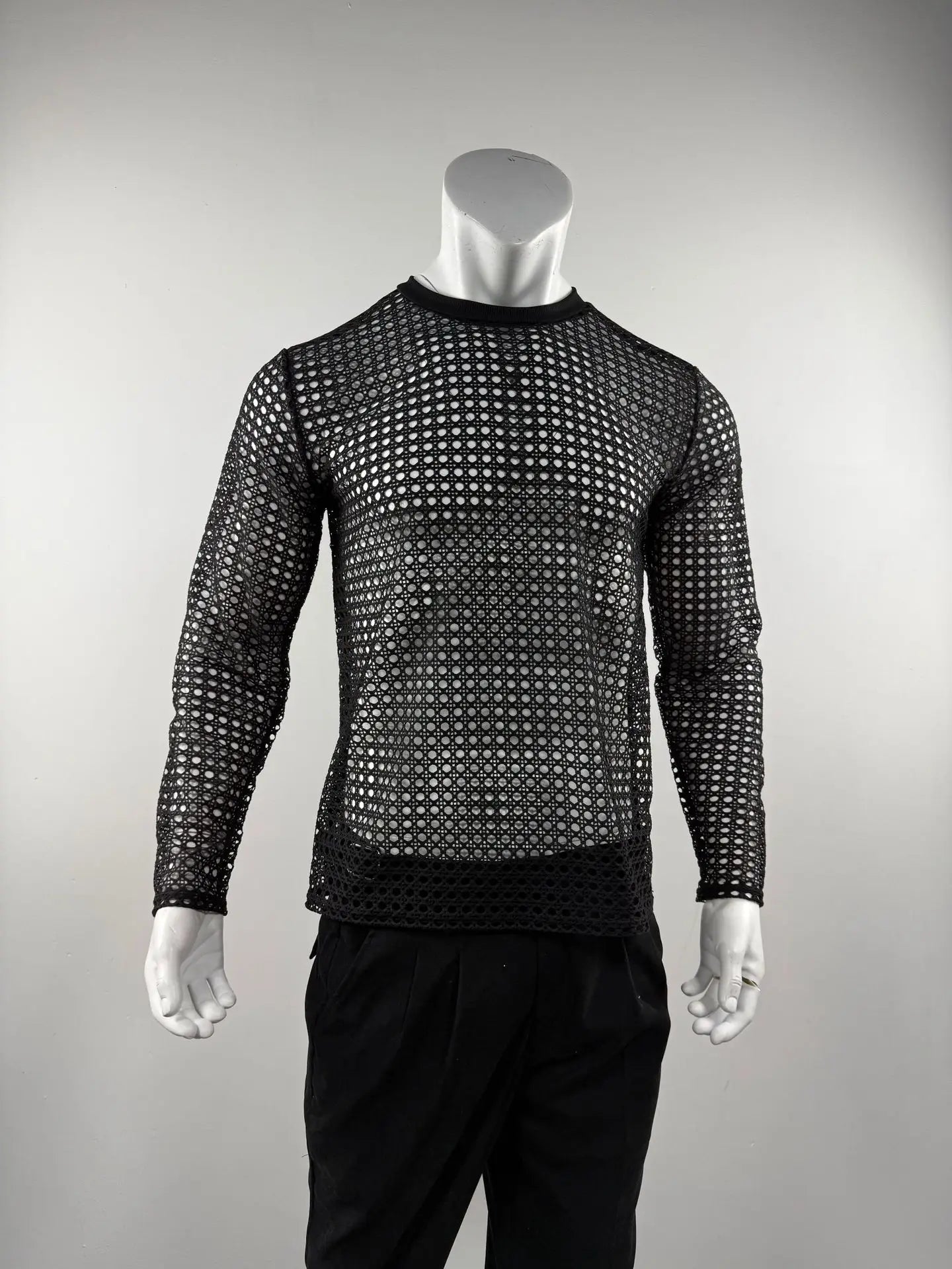 Men's Simple Sexy Mesh Tops Spring/Summer American Casual Fashion Round Neck Hollow Out Knitted Long Sleeve T-shirt