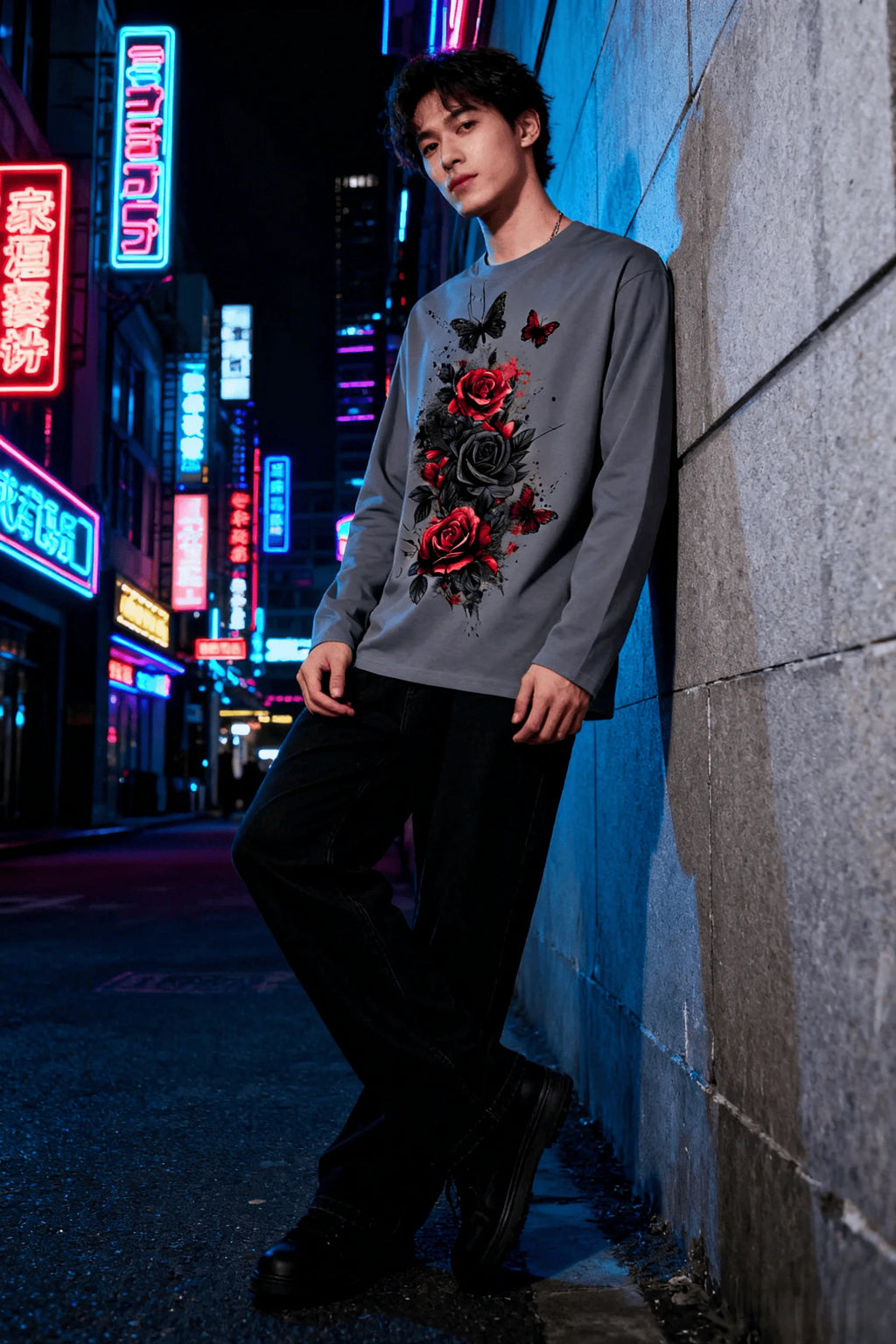 New men's and women's T-shirts, trendy ink-style rose and butterfly long-sleeve print, casual short-sleeve couple T-shirts
