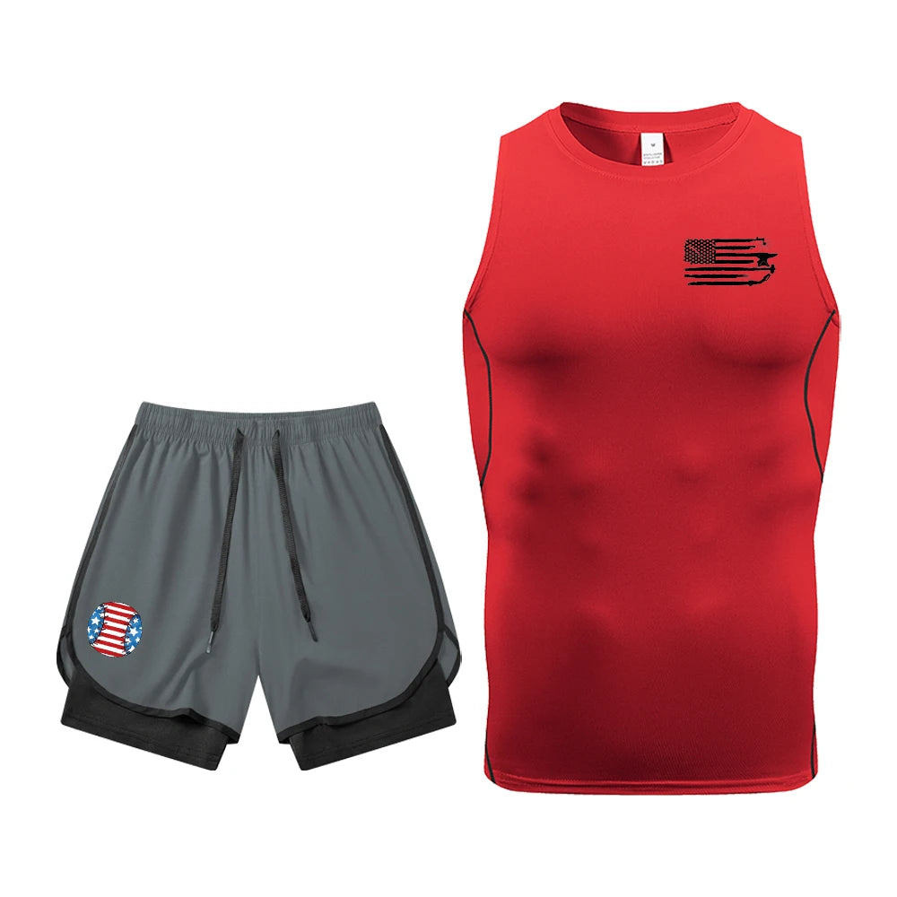Men's Quick Dry Gym Workout 2 Piece Set Compression Sleeveless Shirt & Running Shorts Kit Flag Graphic Print Gym & Athletic Gear