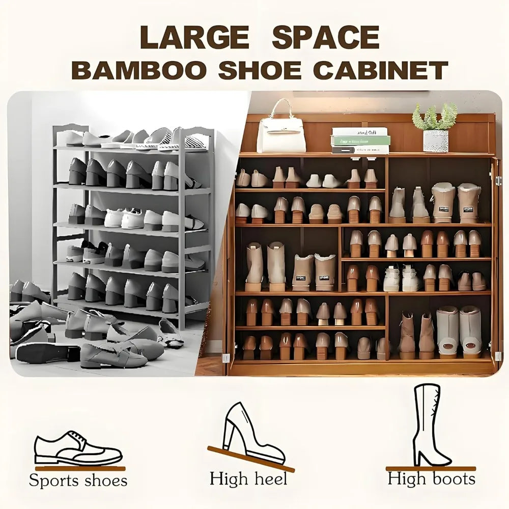 Bamboo Shoe Cabinet, 8-Tier Shoe Cabinet with Doors, 36-40 Pairs Freestanding Shoes of Heels Sneakers,Shoes Organizer Rack for E
