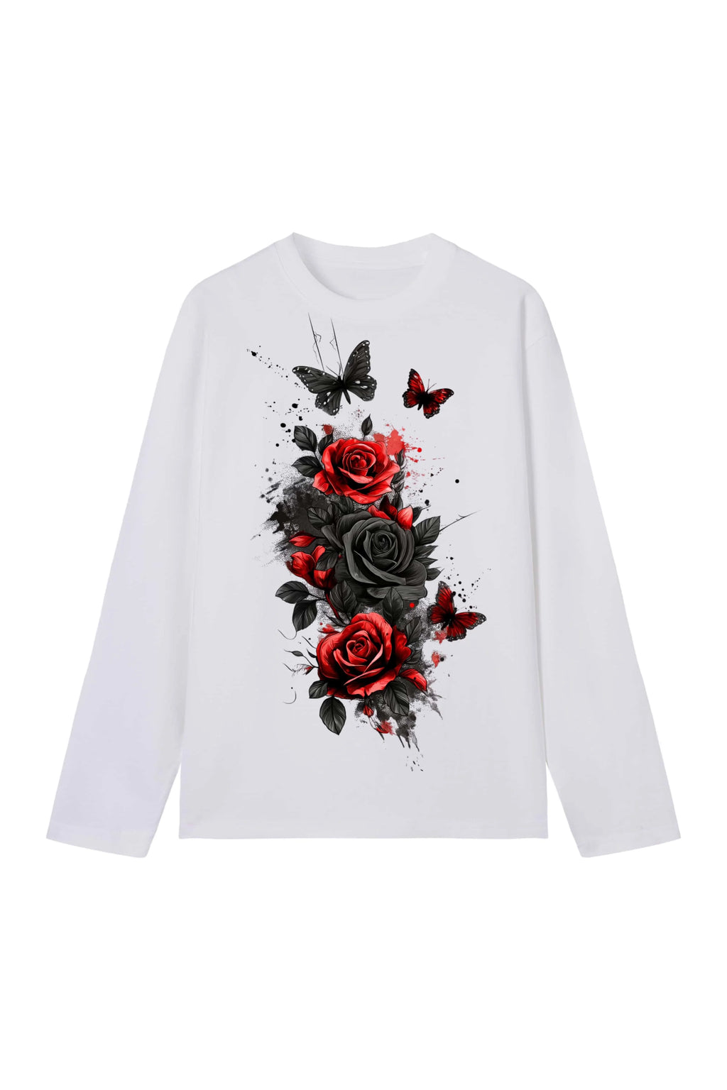 New men's and women's T-shirts, trendy ink-style rose and butterfly long-sleeve print, casual short-sleeve couple T-shirts