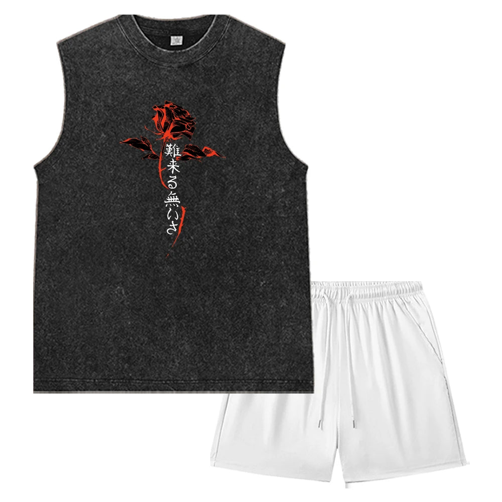 Summer Men's Washed Tank Top & Athletic Shorts Set Retro Distressed Sleeveless T-Shirt Harajuku Style Rose Text Graphic Print