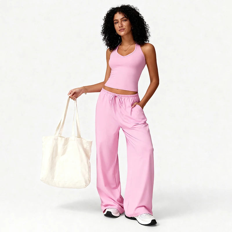 2PCS Elegant Solid Color Fitness Sports Clothes Women Quick-Drying Workout Suit Woman Loose Fit Gym Push Up Pilates Yoga Set