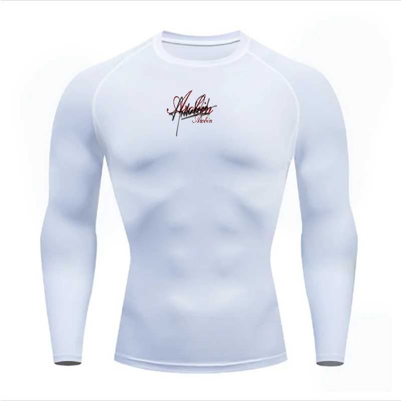 Women's quick dry Arobin-branded long sleeve top, moisture-wicking, lightweight, stylish red cursive logo with white outline,
