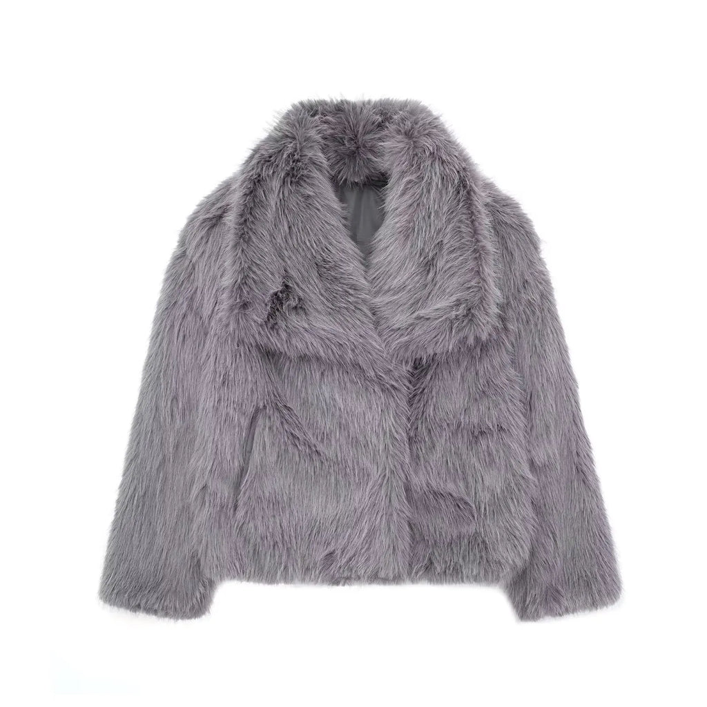 HH Women Fashion Cropped Faux Fur Jacket Coat Long Sleeve Front Snap-button Female Outerwear Chic Lapel Collar Thick Coat