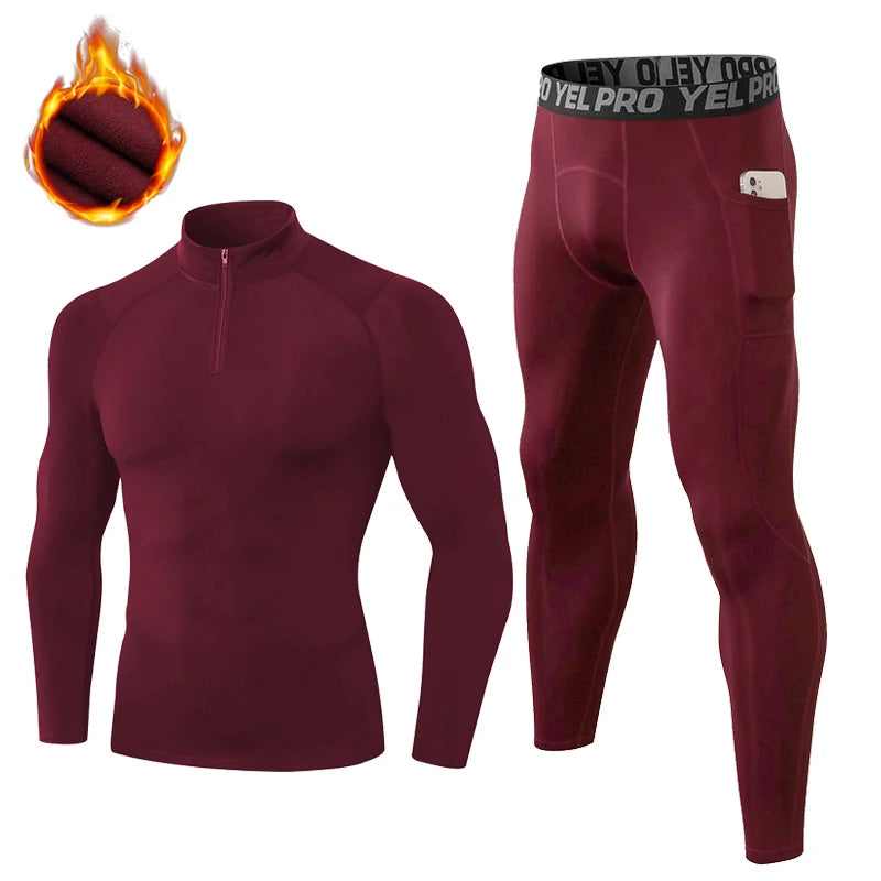 2 Pcs/Set Men's Velvet Tracksuit Fitness Sports Suit Gym Clothes Running Training Jogging Suit Thermal Underwear Male Sportswear