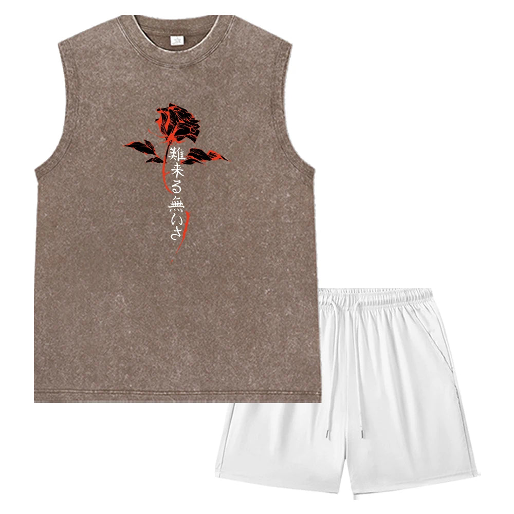 Summer Men's Washed Tank Top & Athletic Shorts Set Retro Distressed Sleeveless T-Shirt Harajuku Style Rose Text Graphic Print
