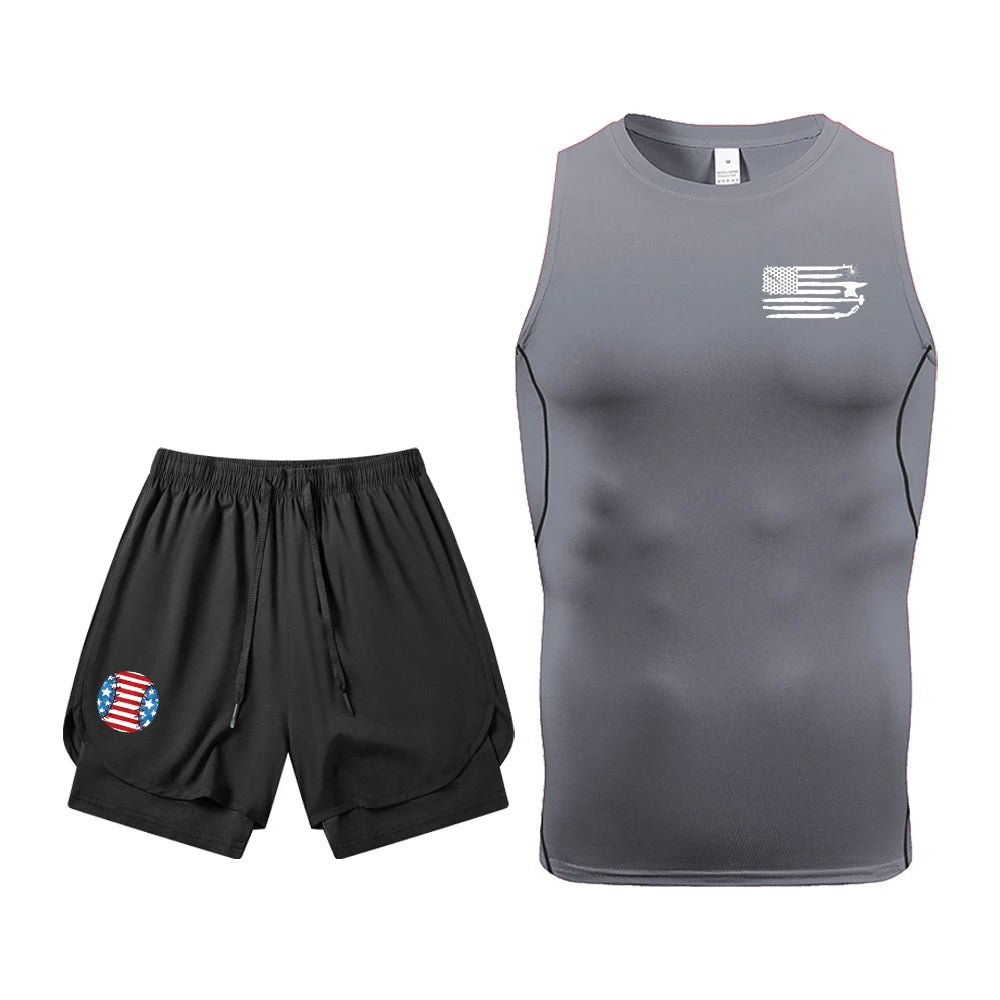 Men's Quick Dry Gym Workout 2 Piece Set Compression Sleeveless Shirt & Running Shorts Kit Flag Graphic Print Gym & Athletic Gear