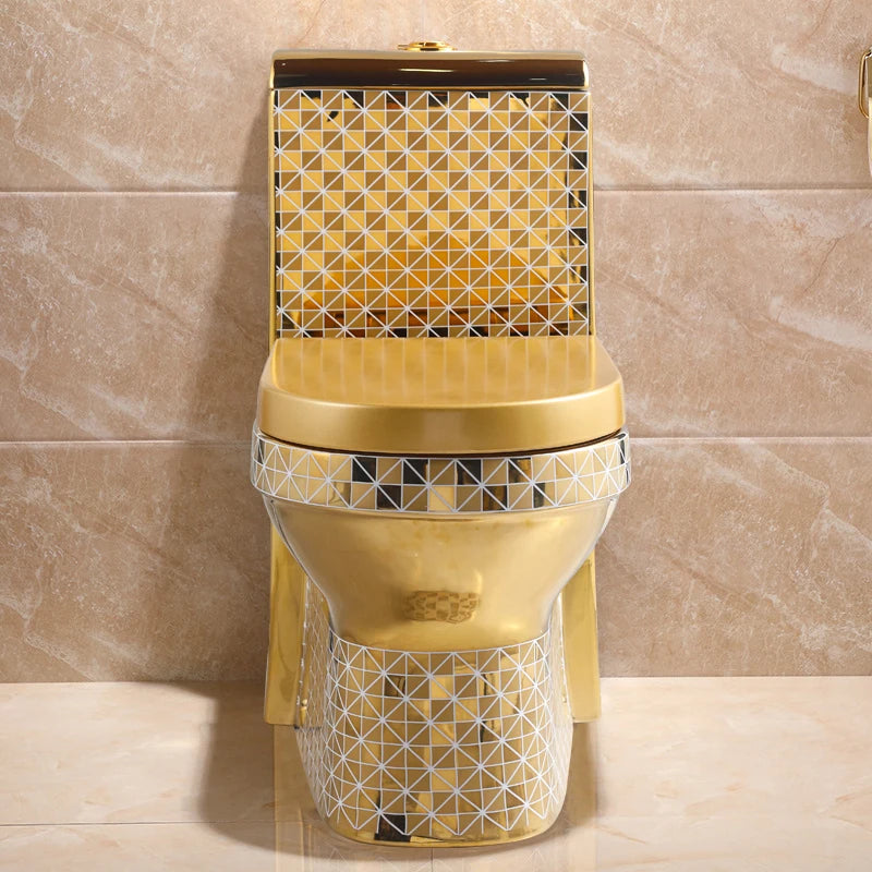 Golden Toilet,Modern One-Piece Ceramic Toilet Bowl With S-Trap Drainage Dual-Flush Floor Mounted White Gold Color