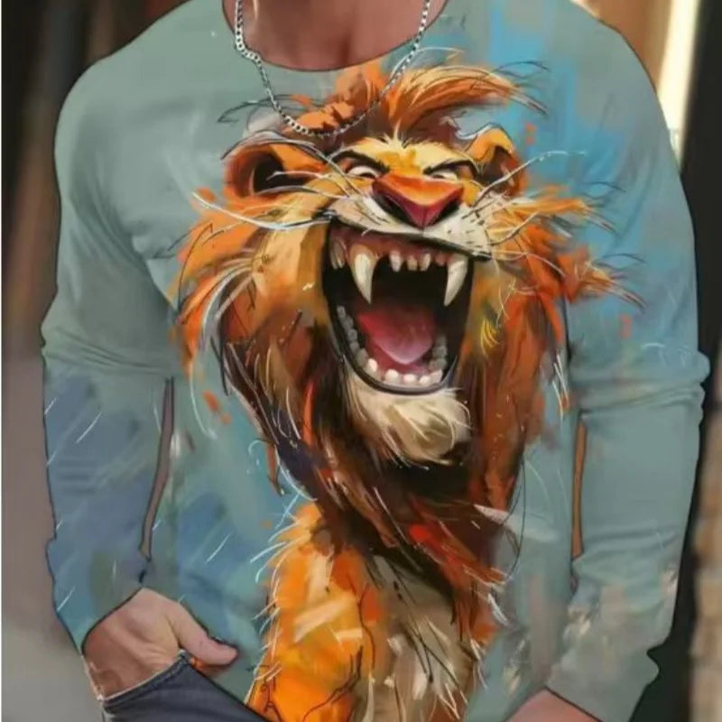 Funny animal design retro men 3D printing street casual daily gray longsleeved round neck shirt spring and autumn clothing