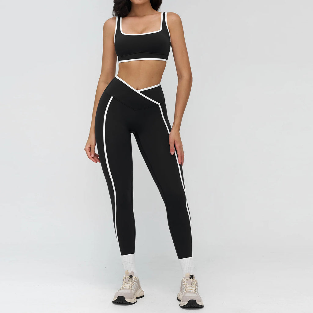 Women Gym Sets White line Bras Leggings Crossover Waist Suits Fitness Sports  Workout Yoga Pants Tights 2 Pecs Sportswear