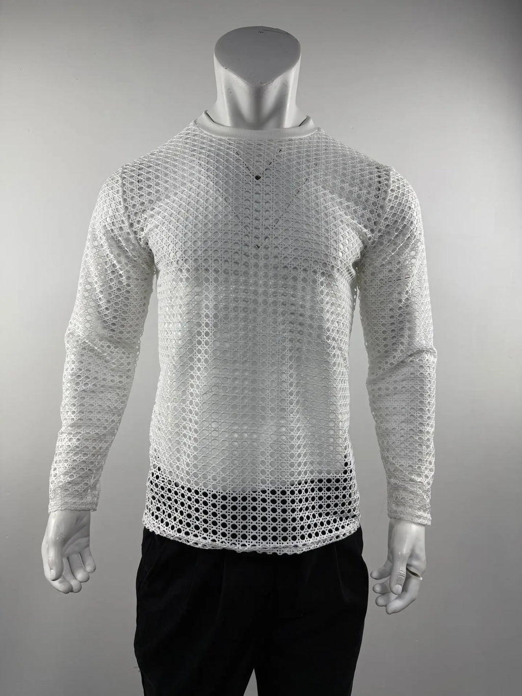 Men's Simple Sexy Mesh Tops Spring/Summer American Casual Fashion Round Neck Hollow Out Knitted Long Sleeve T-shirt