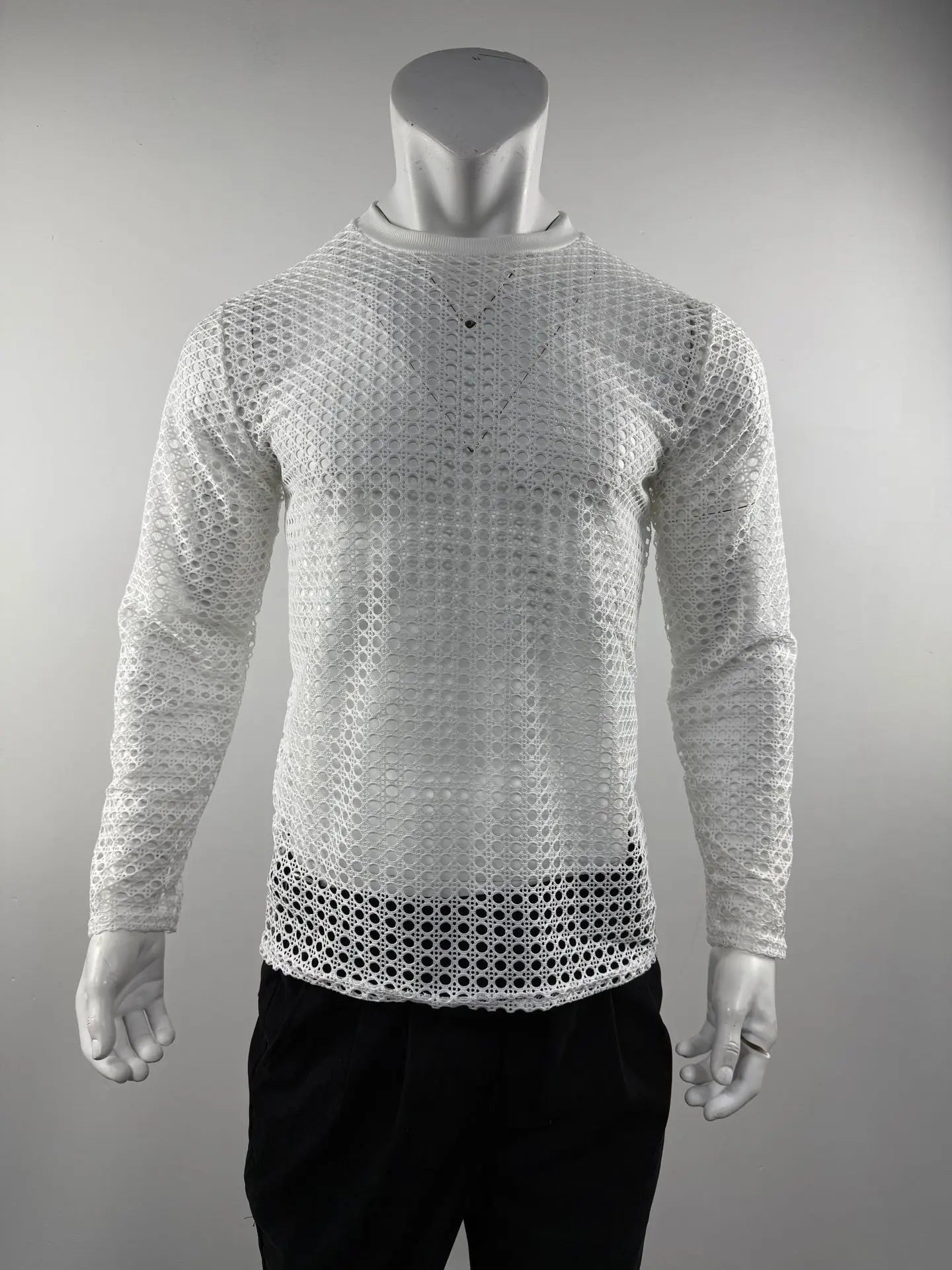Men's Simple Sexy Mesh Tops Spring/Summer American Casual Fashion Round Neck Hollow Out Knitted Long Sleeve T-shirt