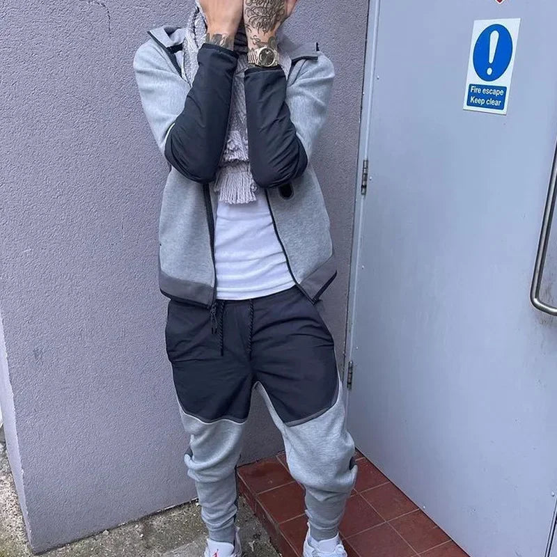 Autumn Men's Hooded Running Sets Patchwork Casual Tracksuits Zipper Jacket+Pants 2Pcs Sets Male Slim Gym Sportswear Jogging Suit