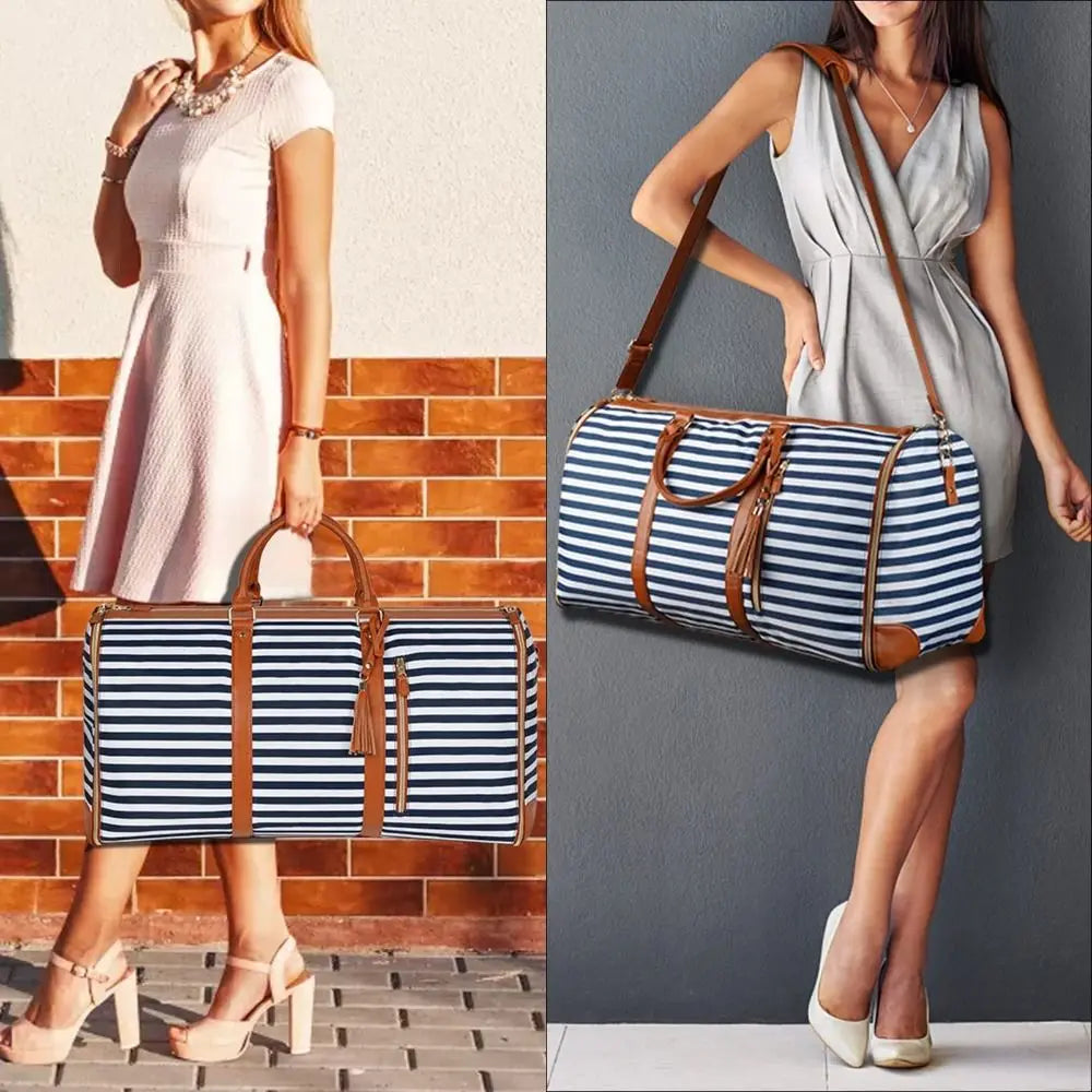 Striped Large Capacity Travel Bag Expandable Convertible Folding Suit Bag Foldable PU Material Garment Bag Gym Fitness