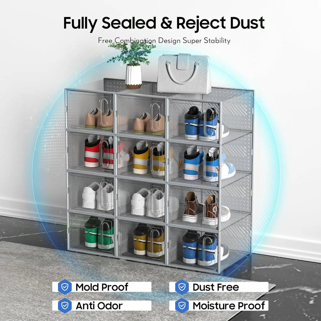 eWonLife Large Shoe Organizer Storage Box with Magnetic Door,12 Pack Clear Plastic Stackable Sneaker Containers for Closet, Conn