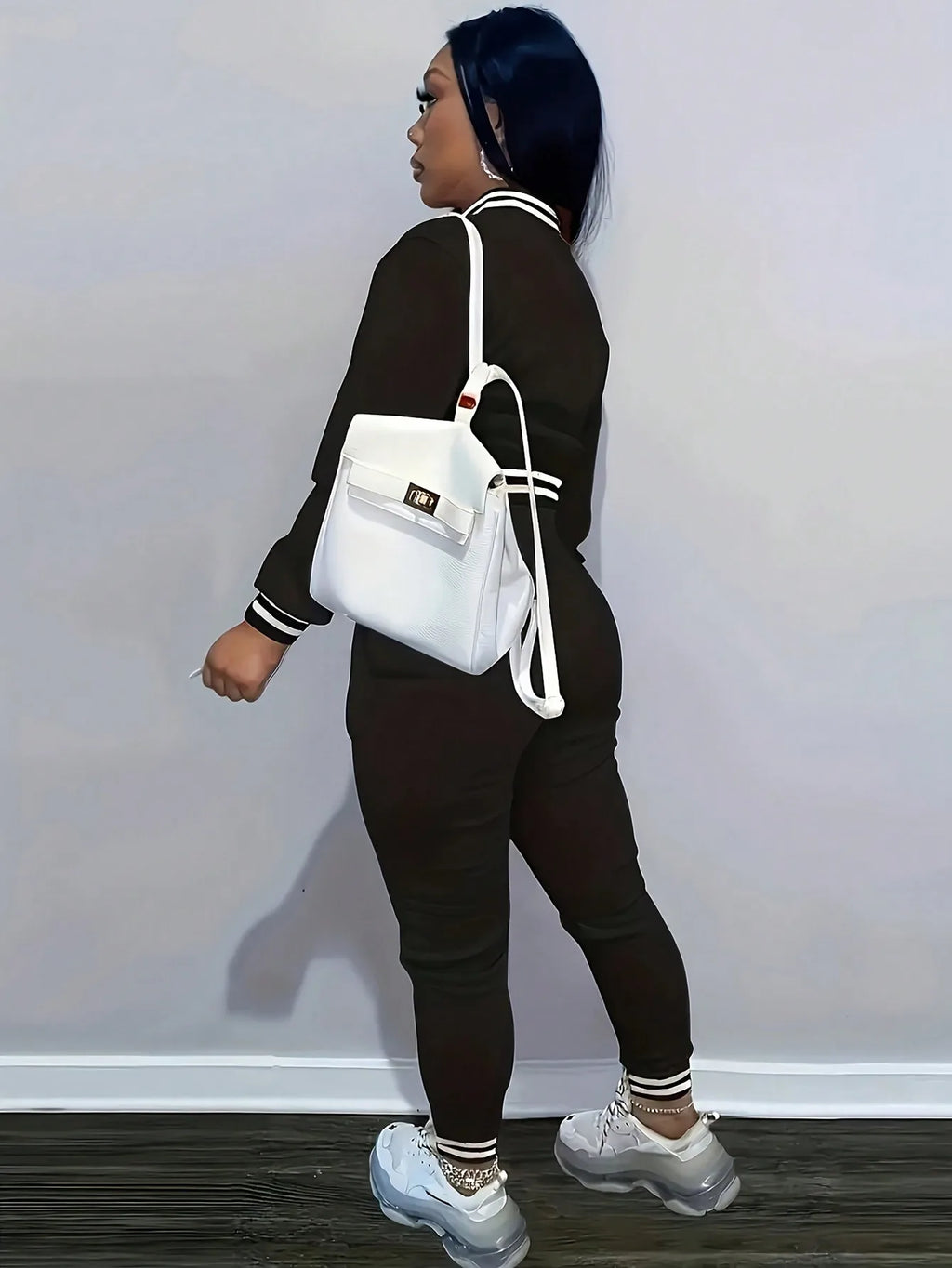 2-Piece Women's Black Sporty Jacket & Jogger Set with White Stripes
