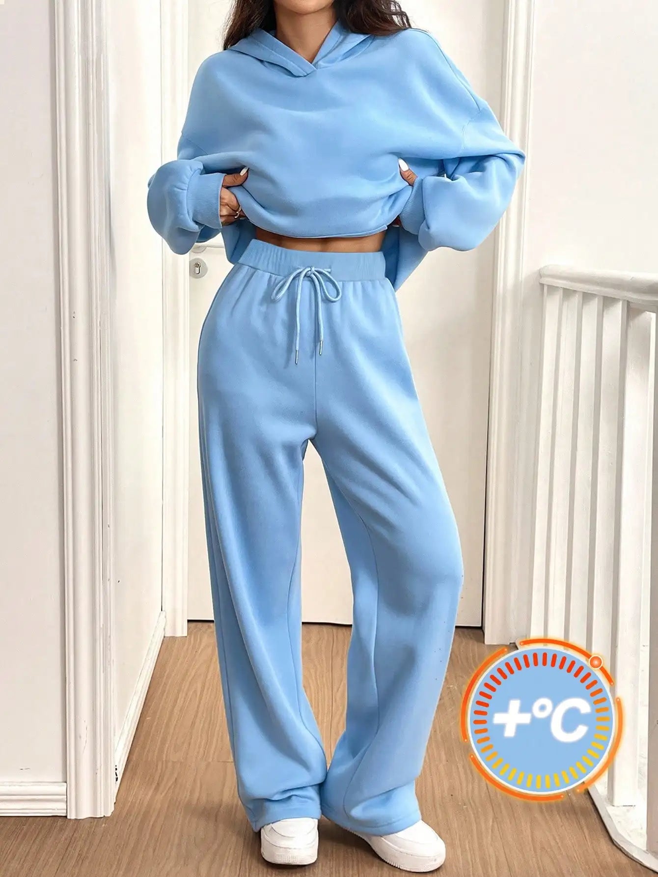 Women's 2-Piece Thermal Lined Hoodie and Wide-Leg Pants Set in Light Blue, Casual Lounge Wear for Autumn Winter