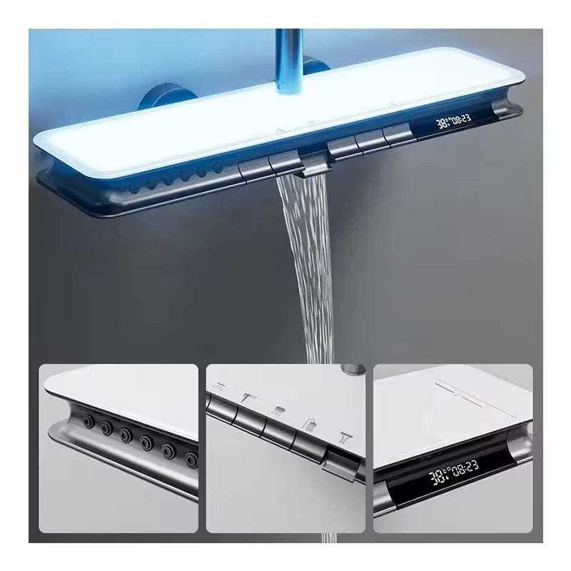 Smart LED Digital Screen Four-Function Brass Shower Set Polished Square Shower Head Ceramic Rain Waist Back SPA Apartment