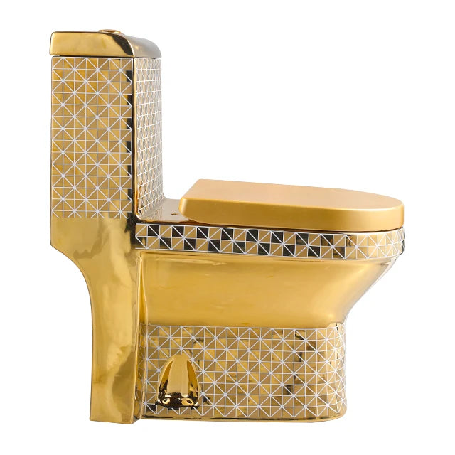 Golden Toilet,Modern One-Piece Ceramic Toilet Bowl With S-Trap Drainage Dual-Flush Floor Mounted White Gold Color