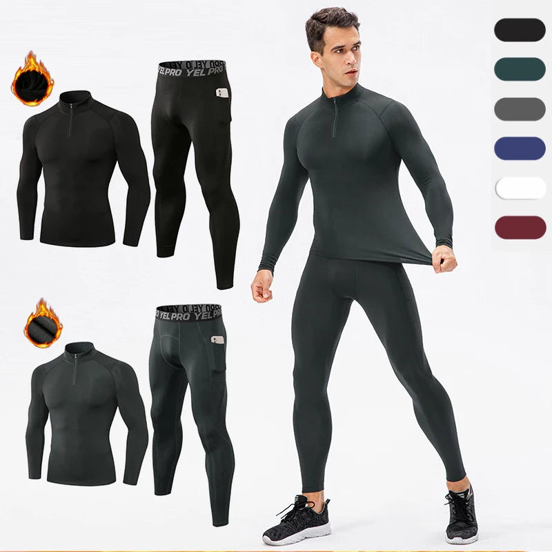 2 Pcs/Set Men's Velvet Tracksuit Fitness Sports Suit Gym Clothes Running Training Jogging Suit Thermal Underwear Male Sportswear
