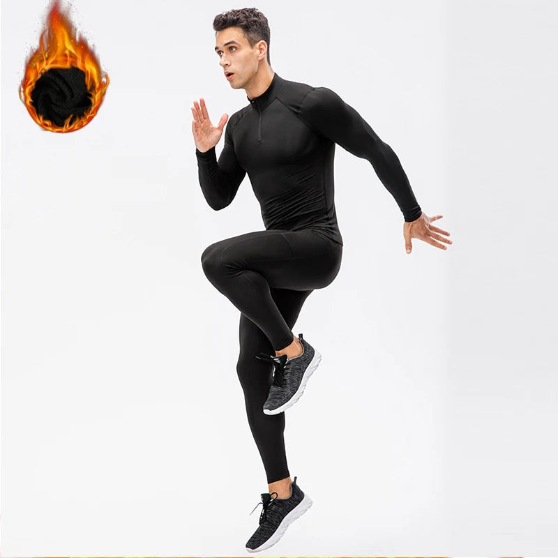 2 Pcs/Set Men's Velvet Tracksuit Fitness Sports Suit Gym Clothes Running Training Jogging Suit Thermal Underwear Male Sportswear