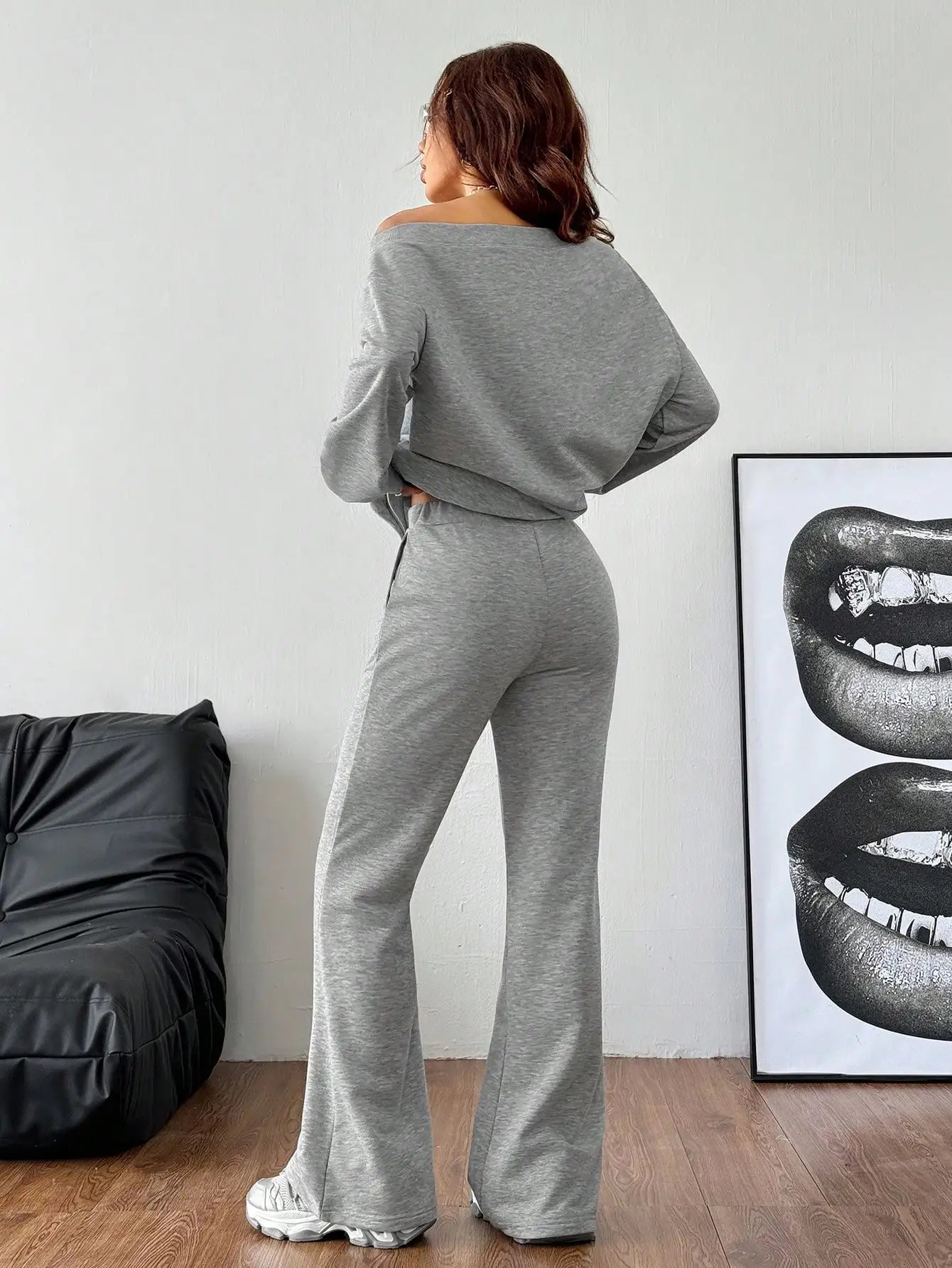 Women's Grey 2-Piece Off-Shoulder Sweatshirt & Flare Pants Set