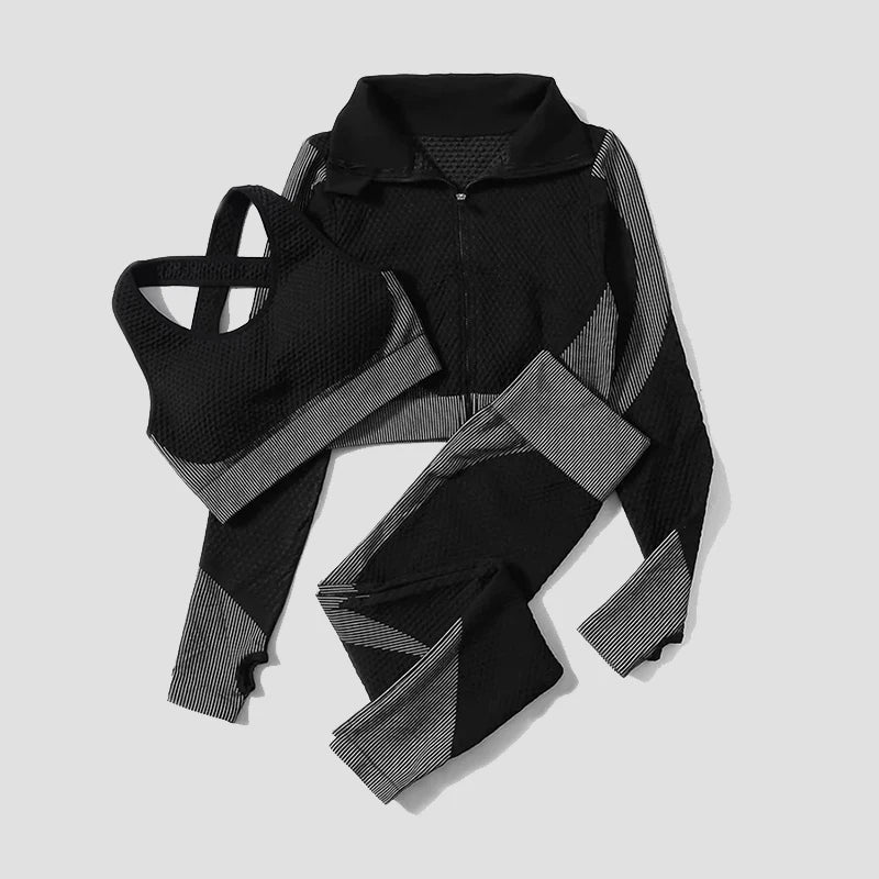 2/3Pcs Women Yoga Suit Seamless Knitted Yoga Pants Leggings Clothing Zipper Long Sleeve Crop Top Fitness Wear Sportswear Gym Set