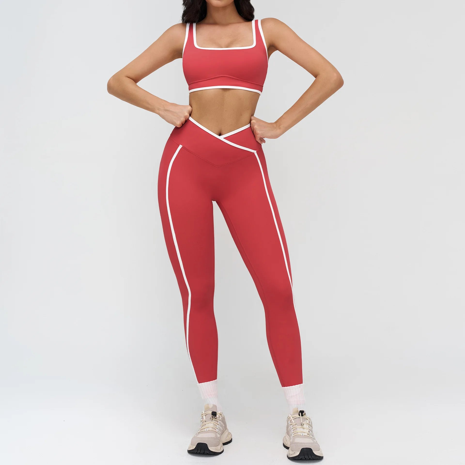 Women Gym Sets White line Bras Leggings Crossover Waist Suits Fitness Sports  Workout Yoga Pants Tights 2 Pecs Sportswear