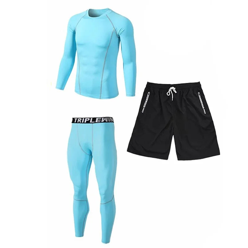 Men Long Sleeve Jogging Jersey Male GYM Fitness Tee Leggings Short Sport Running Set Skiing Basketball Football Clothes Suit B36