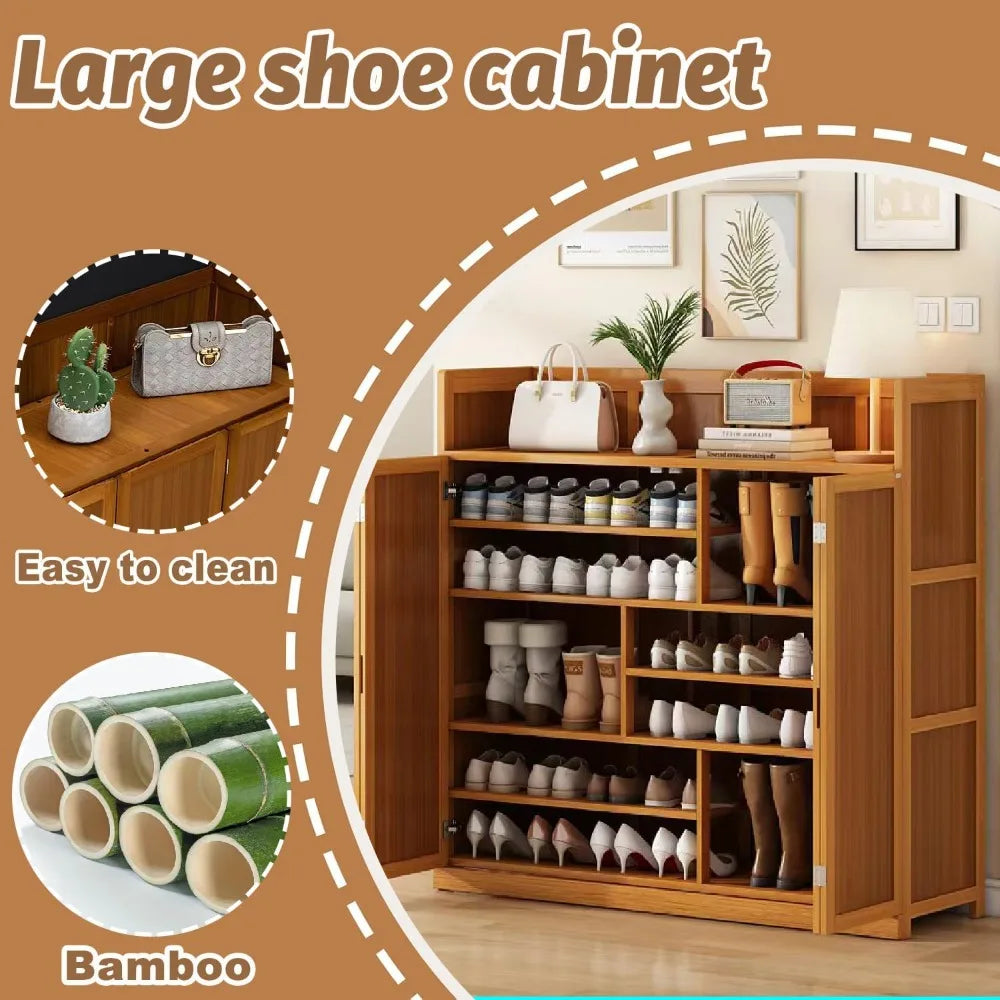 Bamboo Shoe Cabinet, 8-Tier Shoe Cabinet with Doors, 36-40 Pairs Freestanding Shoes of Heels Sneakers,Shoes Organizer Rack for E