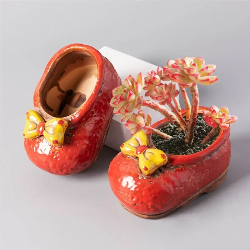 Living Room Decoration, Coarse Ceramic Vases, Hand-painted Cute Shoe Flower Pots, Indoor Balcony Succulent Plant Flower Pots