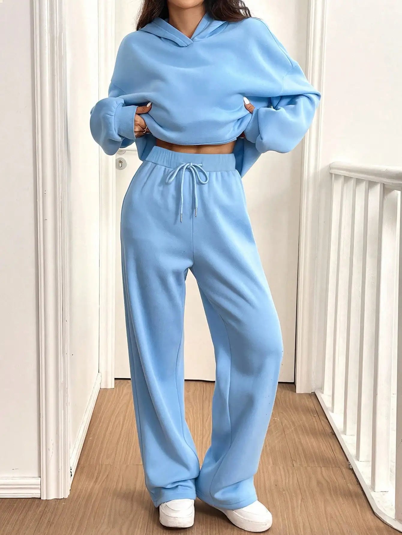 Women's 2-Piece Thermal Lined Hoodie and Wide-Leg Pants Set in Light Blue, Casual Lounge Wear for Autumn Winter