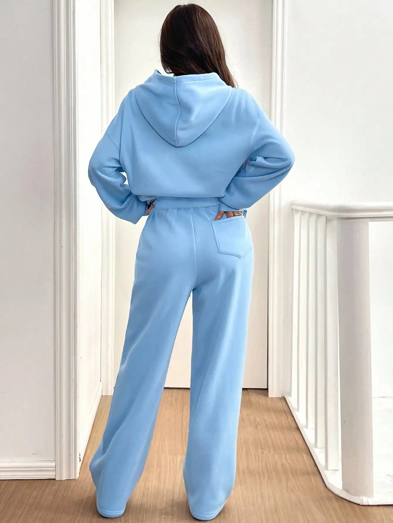 Women's 2-Piece Thermal Lined Hoodie and Wide-Leg Pants Set in Light Blue, Casual Lounge Wear for Autumn Winter