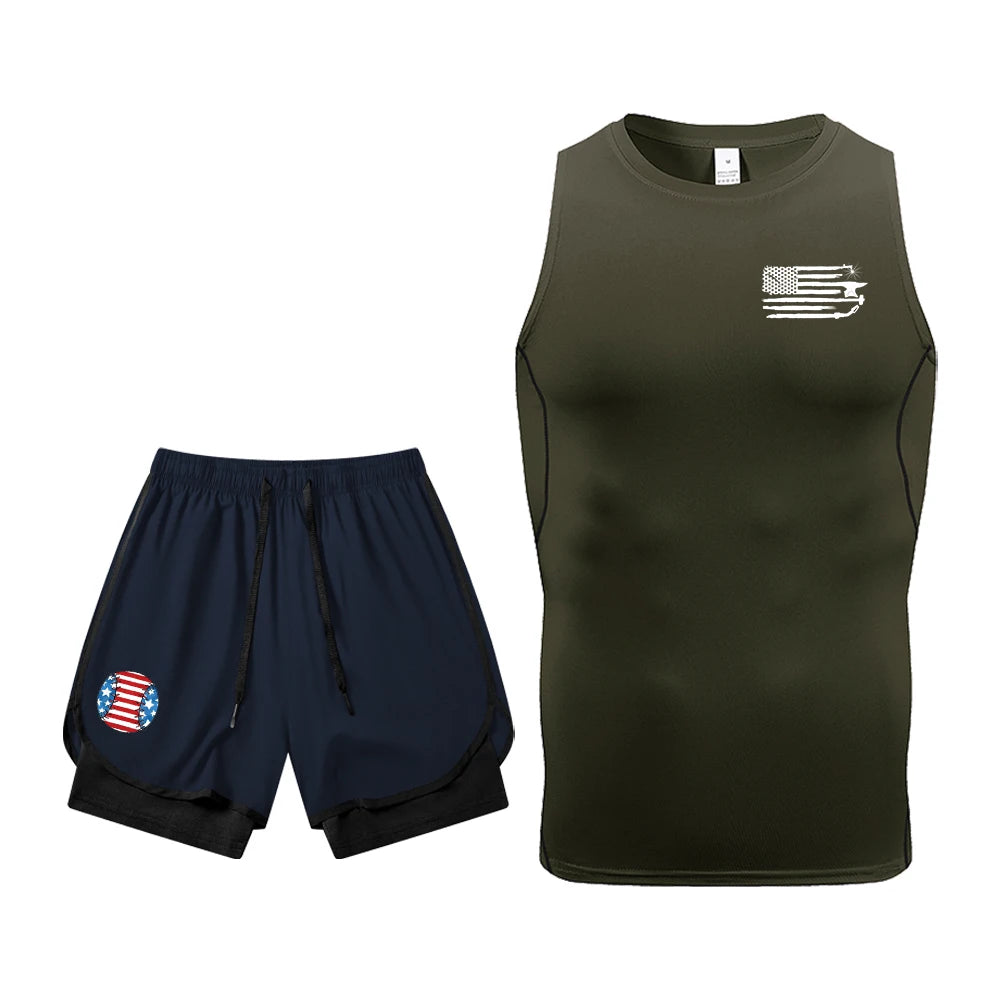 Men's Quick Dry Gym Workout 2 Piece Set Compression Sleeveless Shirt & Running Shorts Kit Flag Graphic Print Gym & Athletic Gear