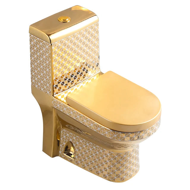 Golden Toilet,Modern One-Piece Ceramic Toilet Bowl With S-Trap Drainage Dual-Flush Floor Mounted White Gold Color