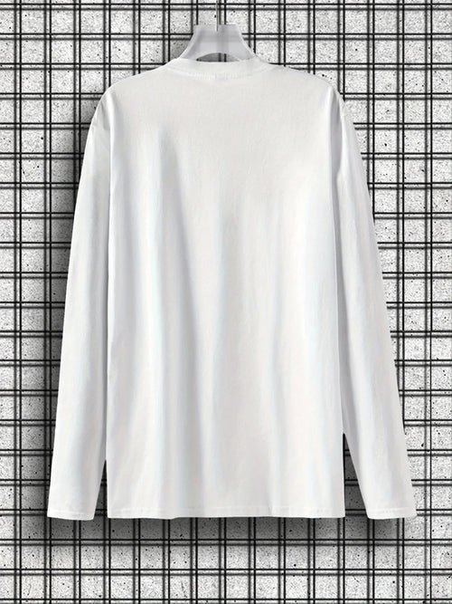 100% pure cotton men's long sleeved round neck loose casual freedom letter pattern printed spring and autumn versatile T-shirt