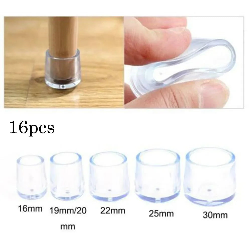 16Pcs 16/19/25/30mm Chair Leg Cap Rubber Feet-Protector Pads Non-slip Transparent Table Covers Furniture Leveling Feet Decor
