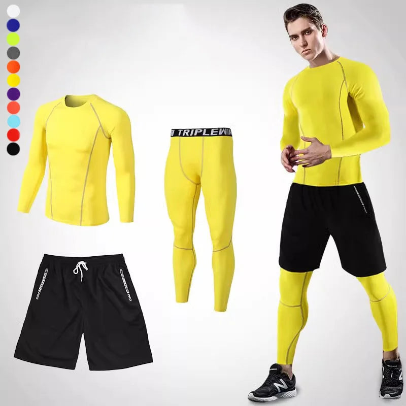 Men Long Sleeve Jogging Jersey Male GYM Fitness Tee Leggings Short Sport Running Set Skiing Basketball Football Clothes Suit B36