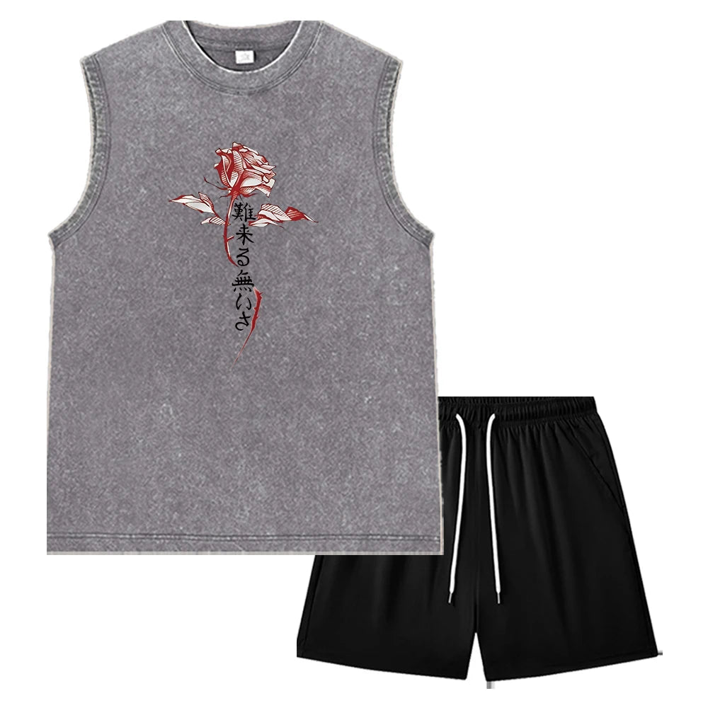 Summer Men's Washed Tank Top & Athletic Shorts Set Retro Distressed Sleeveless T-Shirt Harajuku Style Rose Text Graphic Print