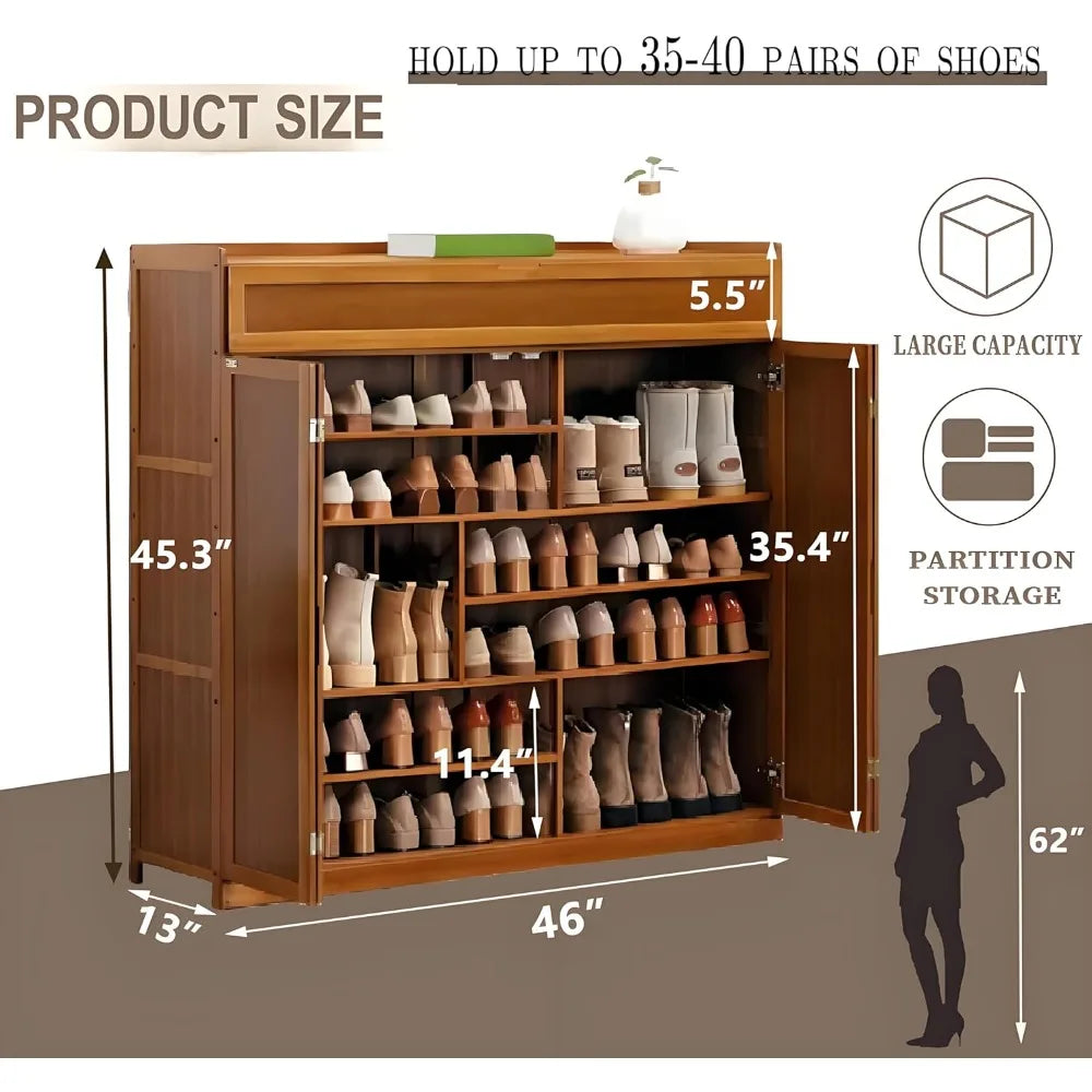 Bamboo Shoe Cabinet, 8-Tier Shoe Cabinet with Doors, 36-40 Pairs Freestanding Shoes of Heels Sneakers,Shoes Organizer Rack for E